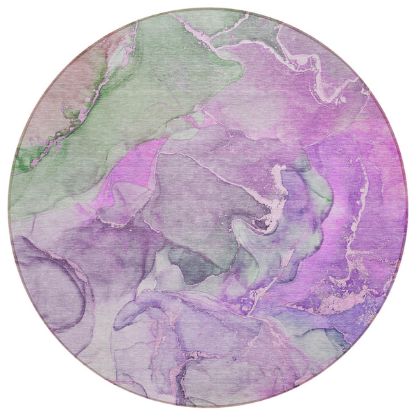 Homeroots 8' Round Purple Round Abstract Washable Non Skid Indoor Outdoor Area Rug Purple Polyester 559191