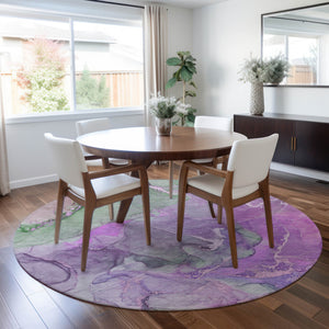 Homeroots 8' Round Purple Round Abstract Washable Non Skid Indoor Outdoor Area Rug Purple Polyester 559191