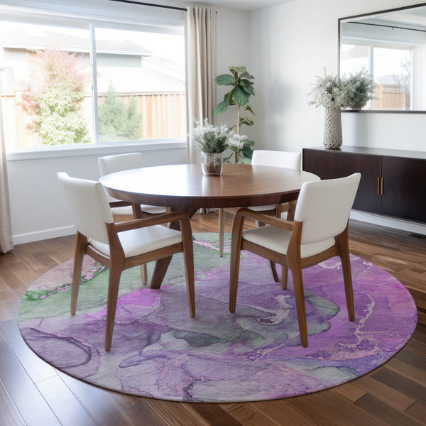 Homeroots 8' Round Purple Round Abstract Washable Non Skid Indoor Outdoor Area Rug Purple Polyester 559191