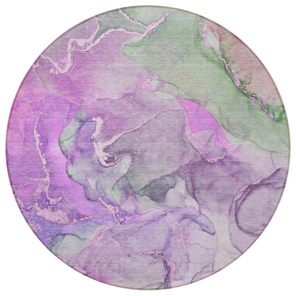 Homeroots 8' Round Purple Round Abstract Washable Non Skid Indoor Outdoor Area Rug Purple Polyester 559191