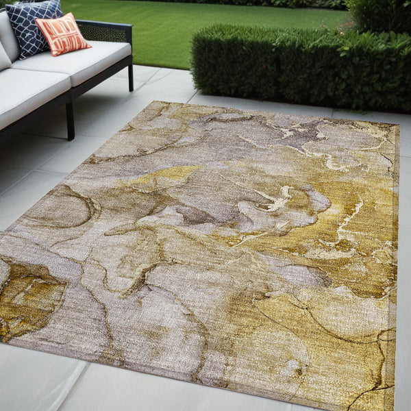 Homeroots 9' Gray And Gold Abstract Washable Indoor Outdoor Area Rug - Stylish Stain Resistant Non-skid Design 5' X 8' Polyester 559199