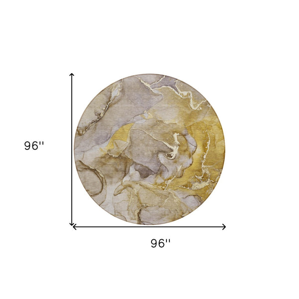 HomeRoots 5' Modern Gray and Gold Abstract Area Rug - Washable Non-Skid Design for Indoor and Outdoor Spaces 8' Round 559200