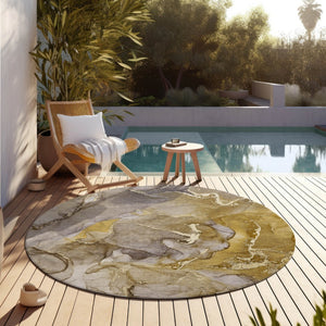 HomeRoots 5' Modern Gray and Gold Abstract Area Rug - Washable Non-Skid Design for Indoor and Outdoor Spaces 8' Round 559200