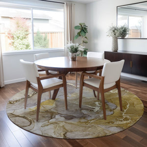 HomeRoots 5' Modern Gray and Gold Abstract Area Rug - Washable Non-Skid Design for Indoor and Outdoor Spaces 8' Round 559200