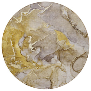 HomeRoots 5' Modern Gray and Gold Abstract Area Rug - Washable Non-Skid Design for Indoor and Outdoor Spaces 8' Round 559200
