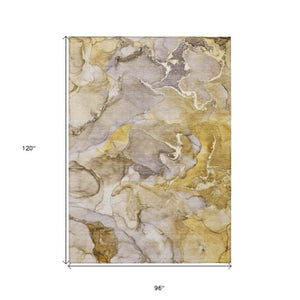 Homeroots 9' Gray And Gold Abstract Washable Indoor Outdoor Area Rug - Stylish Stain Resistant Non-skid Design 8' X 10' Polyester 559201