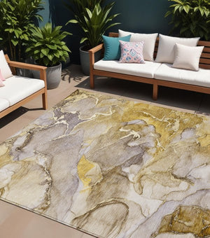 Homeroots 9' Gray And Gold Abstract Washable Indoor Outdoor Area Rug - Stylish Stain Resistant Non-skid Design 8' X 10' Polyester 559201