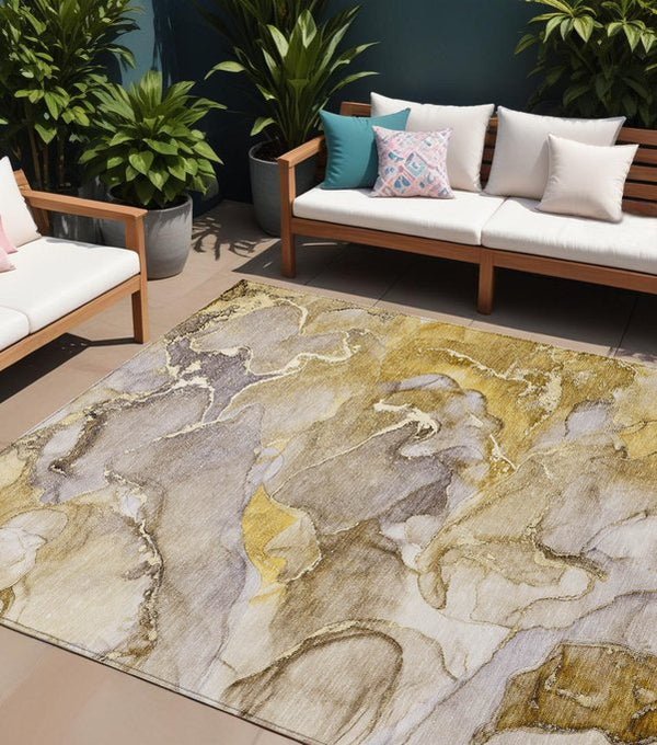 Homeroots 9' Gray And Gold Abstract Washable Indoor Outdoor Area Rug - Stylish Stain Resistant Non-skid Design 8' X 10' Polyester 559201