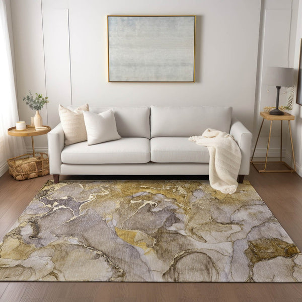 HomeRoots 5' Modern Gray and Gold Abstract Area Rug - Washable Non-Skid Design for Indoor and Outdoor Spaces 10' X 14' 559203