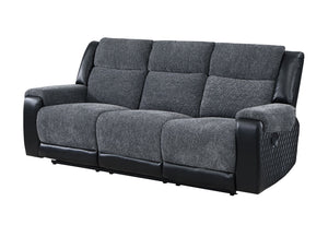 HomeRoots 86" Black and Gray Reclining Sofa with USB Port, Plush Arms & Modern Silver Legs for Comfort 559211