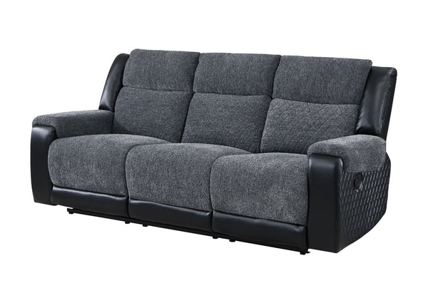 HomeRoots 86" Black and Gray Reclining Sofa with USB Port, Plush Arms & Modern Silver Legs for Comfort 559211