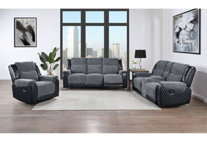 HomeRoots 86" Black and Gray Reclining Sofa with USB Port, Plush Arms & Modern Silver Legs for Comfort 559211