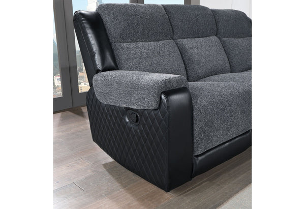 HomeRoots 86" Black and Gray Reclining Sofa with USB Port, Plush Arms & Modern Silver Legs for Comfort 559211