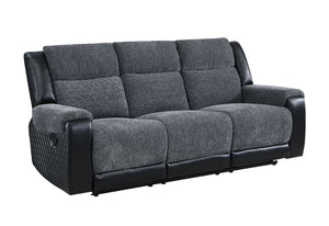 HomeRoots 86" Black and Gray Reclining Sofa with USB Port, Plush Arms & Modern Silver Legs for Comfort 559211