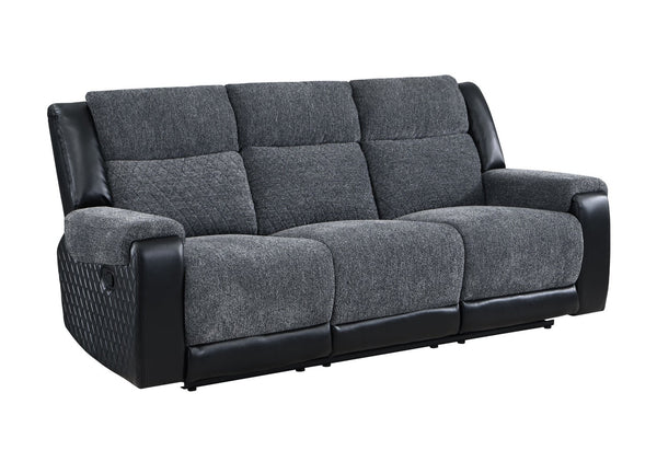 HomeRoots 86" Black and Gray Reclining Sofa with USB Port, Plush Arms & Modern Silver Legs for Comfort 559211