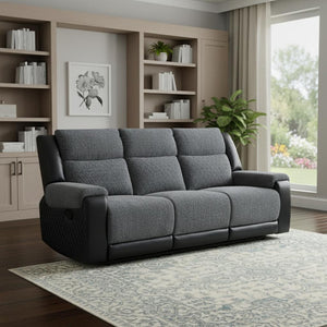 HomeRoots 86" Black and Gray Reclining Sofa with USB Port, Plush Arms & Modern Silver Legs for Comfort 559211