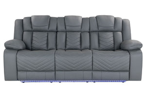 HomeRoots 86" Light Gray Reclining Sofa with USB Charging, Plush Arms, Silver Legs & Matching Toss Pillow 559213