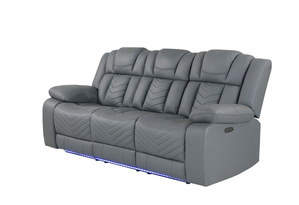 HomeRoots 86" Light Gray Reclining Sofa with USB Charging, Plush Arms, Silver Legs & Matching Toss Pillow 559213