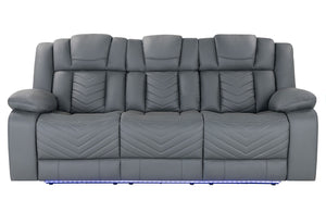 HomeRoots 86" Light Gray Reclining Sofa with USB Charging, Plush Arms, Silver Legs & Matching Toss Pillow 559213