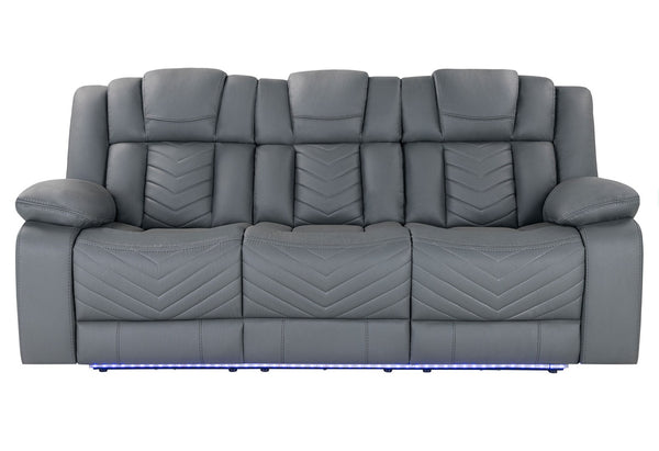 HomeRoots 86" Light Gray Reclining Sofa with USB Charging, Plush Arms, Silver Legs & Matching Toss Pillow 559213