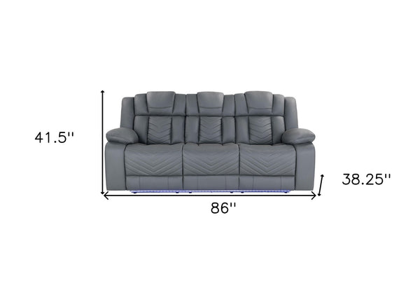 HomeRoots 86" Light Gray Reclining Sofa with USB Charging, Plush Arms, Silver Legs & Matching Toss Pillow 559213