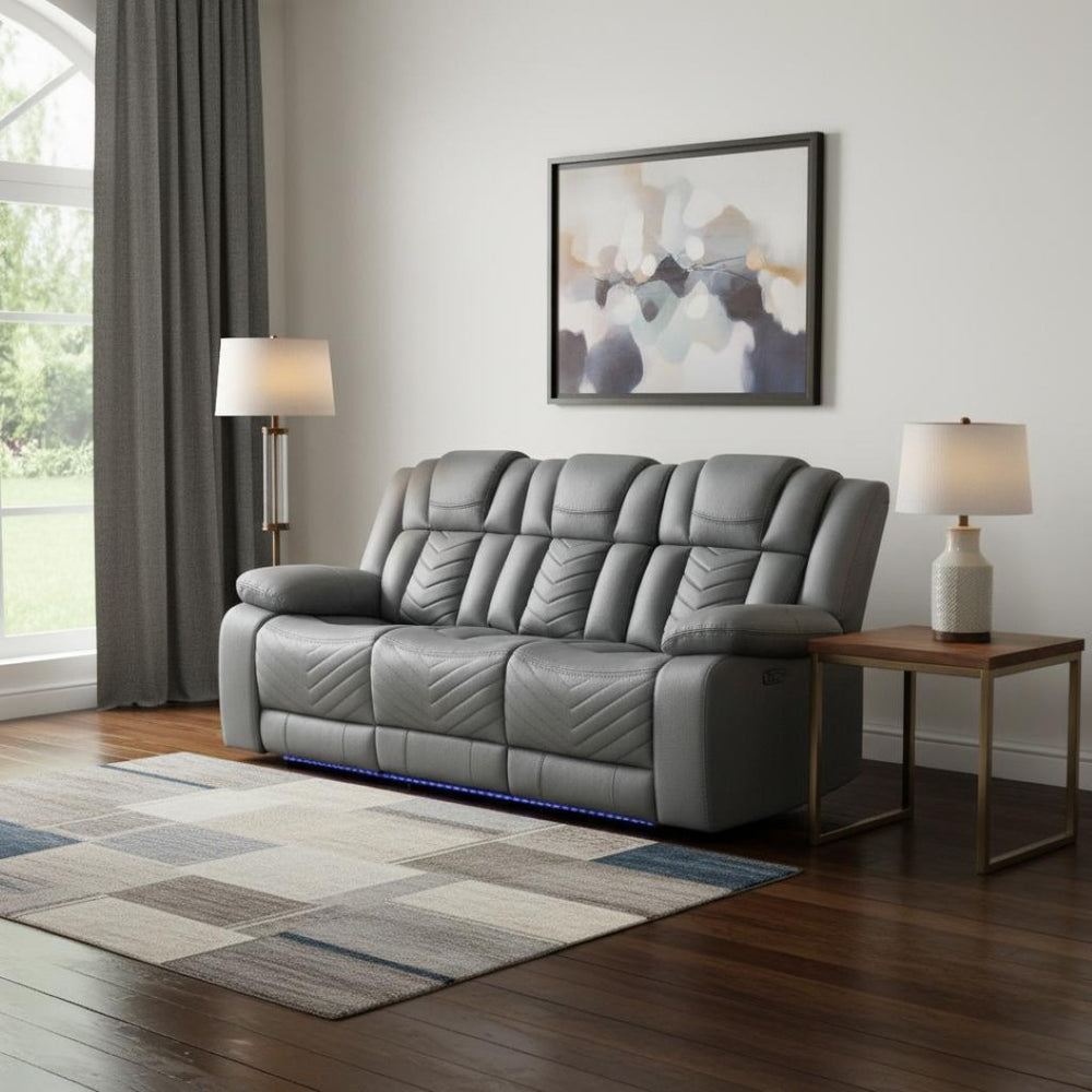 HomeRoots 86" Light Gray Reclining Sofa with USB Charging, Plush Arms, Silver Legs & Matching Toss Pillow 559213