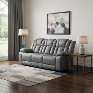 HomeRoots 86" Light Gray Reclining Sofa with USB Charging, Plush Arms, Silver Legs & Matching Toss Pillow 559213