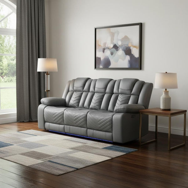 HomeRoots 86" Light Gray Reclining Sofa with USB Charging, Plush Arms, Silver Legs & Matching Toss Pillow 559213