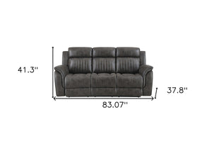 HomeRoots 83" Charcoal Reclining Sofa with USB, Toss Pillow & Silver Legs for Ultimate Comfort & Style 559219