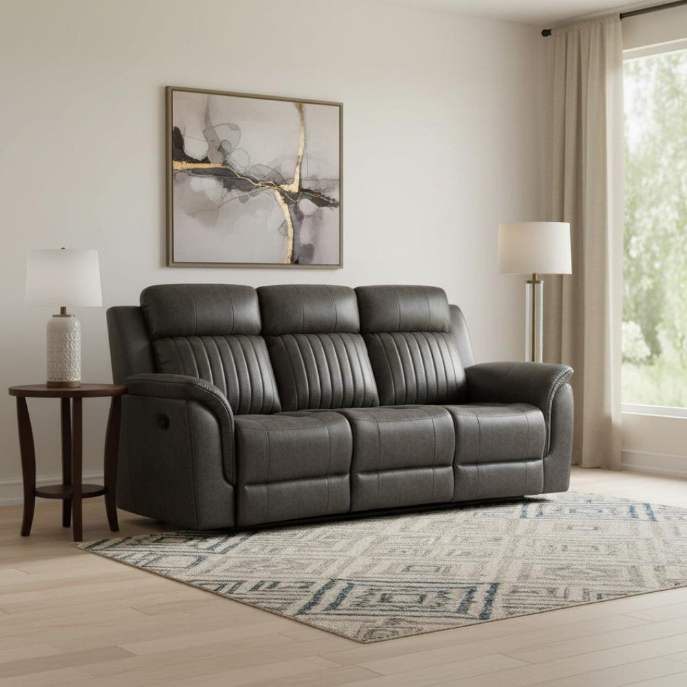 HomeRoots 83" Charcoal Reclining Sofa with USB, Toss Pillow & Silver Legs for Ultimate Comfort & Style 559219