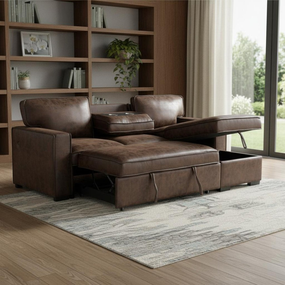 HomeRoots 92" Dark Brown Sleeper Sofa with USB, Toss Pillow & Black Legs for Stylish Comfort & Functionality 559220