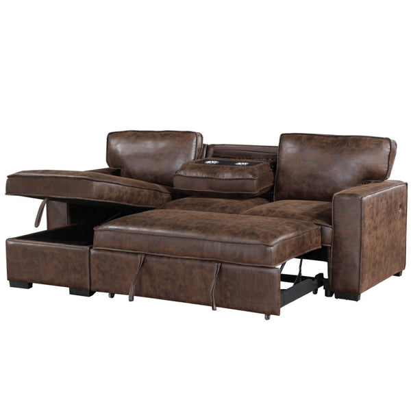HomeRoots 92" Dark Brown Sleeper Sofa with USB, Toss Pillow & Black Legs for Stylish Comfort & Functionality 559220
