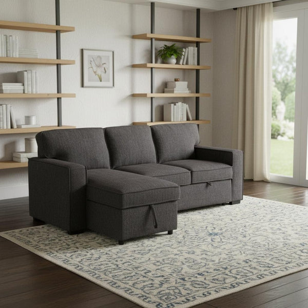 HomeRoots 92" Dark Gray Sleeper Sofa with Pull-Out Bed, Toss Pillow & Sleek Black Legs for Modern Living Spaces 559225