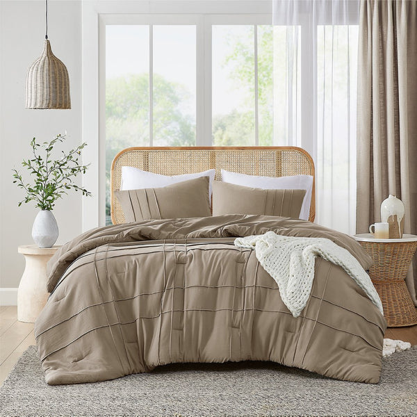 JLA Home Comfort Spaces - Soft Pinch-Pleat Microfiber Comforter Set with Subtle Grid Texture, Year-Round Lightweight Warmth Khaki AM10-0390