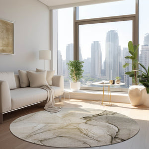 HomeRoots 5' Beige and Gray Abstract Area Rug – Stylish, Washable, Non-Skid for Indoor and Outdoor Spaces 8' Round 559348