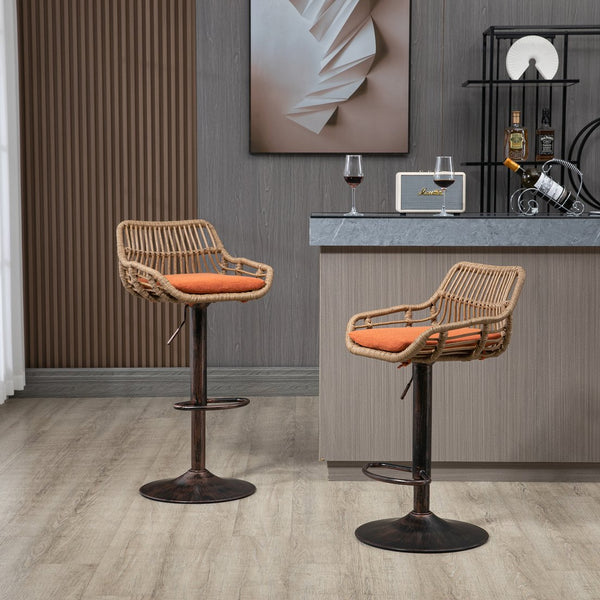 English Elm Modern Swivel Bar Stools Set of 2 Adjustable Counter Height Chairs with Linen Seat Vintage Gold Frame Orange W39594824