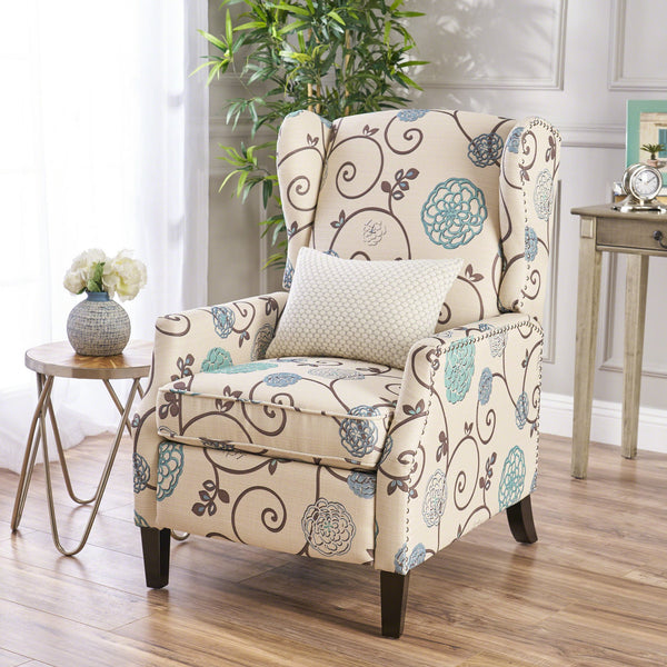 English Elm Christopher Knight Home® - Pushback Recliner Chair with Nailhead Trim and Wingback Design, Plush Fabric Comfort for Living Rooms White+Multi 60760.00