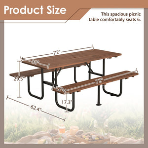 English Elm 72" Solid Wood Outdoor Picnic Table Seats 6 with Attached Benches and Umbrella Hole W1422S00061