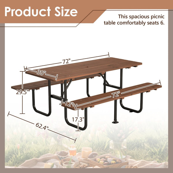 English Elm 72" Solid Wood Outdoor Picnic Table Seats 6 with Attached Benches and Umbrella Hole W1422S00061