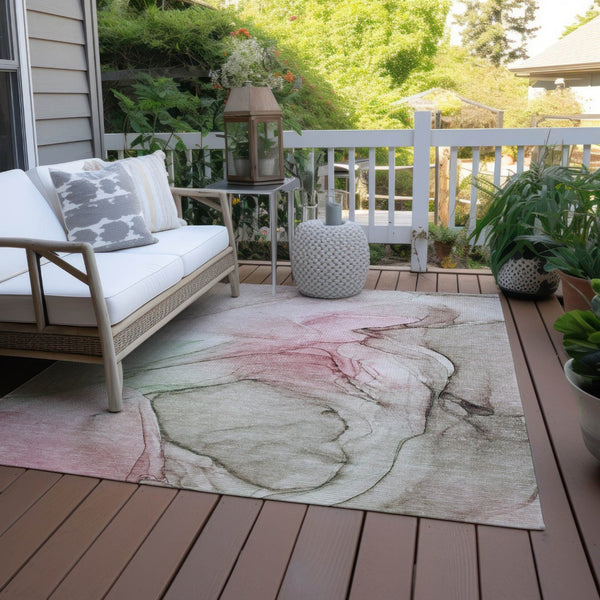 HomeRoots 5' Beige and Gray Abstract Area Rug – Stylish, Washable, Non-Skid for Indoor and Outdoor Spaces 10' X 14' 559369
