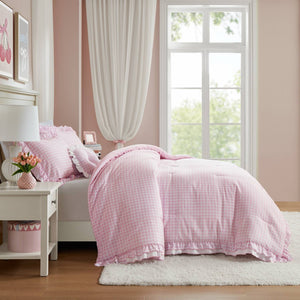 English Elm 4-piece Gingham Ruffle Comforter Set Romantic Cottage Bedroom Brushed Polyester Fill Pink B035P463188