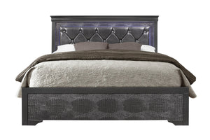 English Elm SHAKER Metallic Grey Full Bed with LED Lighting, Crystal-Tufted Padded Headboard, Solid Wood MDF Frame B201S00338