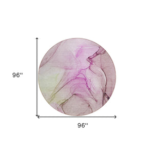 Homeroots 8' Round Pink Round Abstract Washable Non Skid Indoor Outdoor Area Rug Pink Polyester 559402