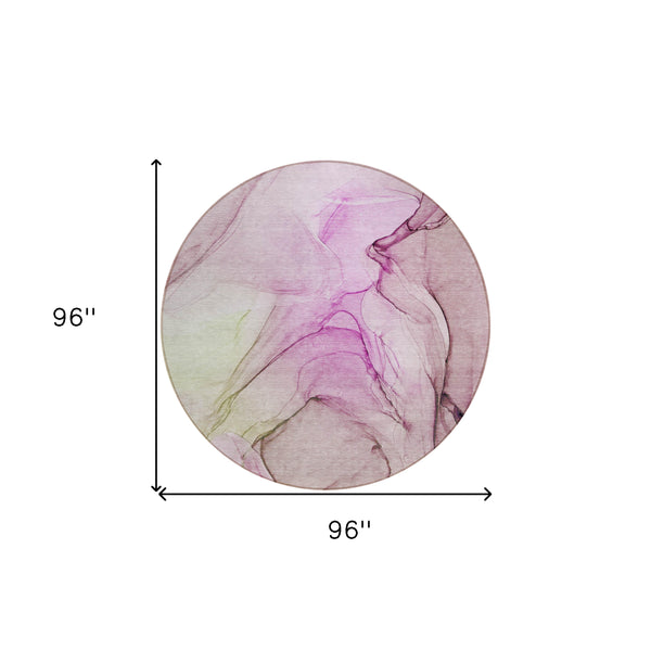 Homeroots 8' Round Pink Round Abstract Washable Non Skid Indoor Outdoor Area Rug Pink Polyester 559402