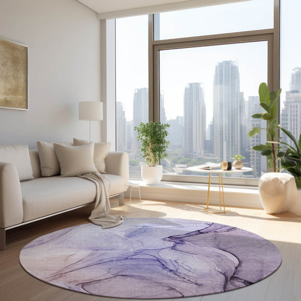 Homeroots 8' Round Gray And Purple Round Abstract Washable Non Skid Indoor Outdoor Area Rug Purple Polyester 559411