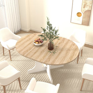 English Elm Dining Farmhouse Expandable Oval Table 59"x43" with Removable Leaf, X-Base, White Oak Finish, Seats 6 W1347P246823