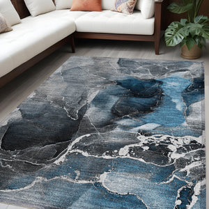 Homeroots 5' X 8' Ivory Blue And Gray Abstract Washable Non Skid Indoor Outdoor Area Rug Blue Polyester 559428