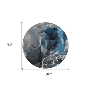 Homeroots 8' Round Ivory Blue And Gray Round Abstract Washable Non Skid Indoor Outdoor Area Rug Blue Polyester 559429