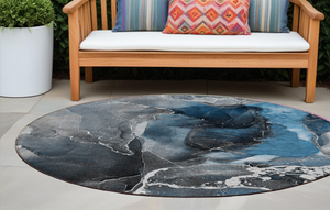 Homeroots 8' Round Ivory Blue And Gray Round Abstract Washable Non Skid Indoor Outdoor Area Rug Blue Polyester 559429