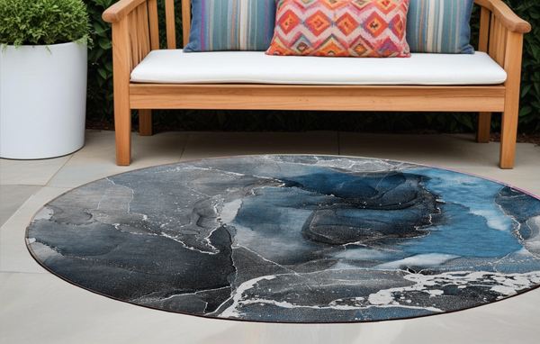 Homeroots 8' Round Ivory Blue And Gray Round Abstract Washable Non Skid Indoor Outdoor Area Rug Blue Polyester 559429